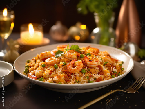 Delicious Fried Rice with Fried Prawns in a Bowl, Asian Cuisine, Close-Up