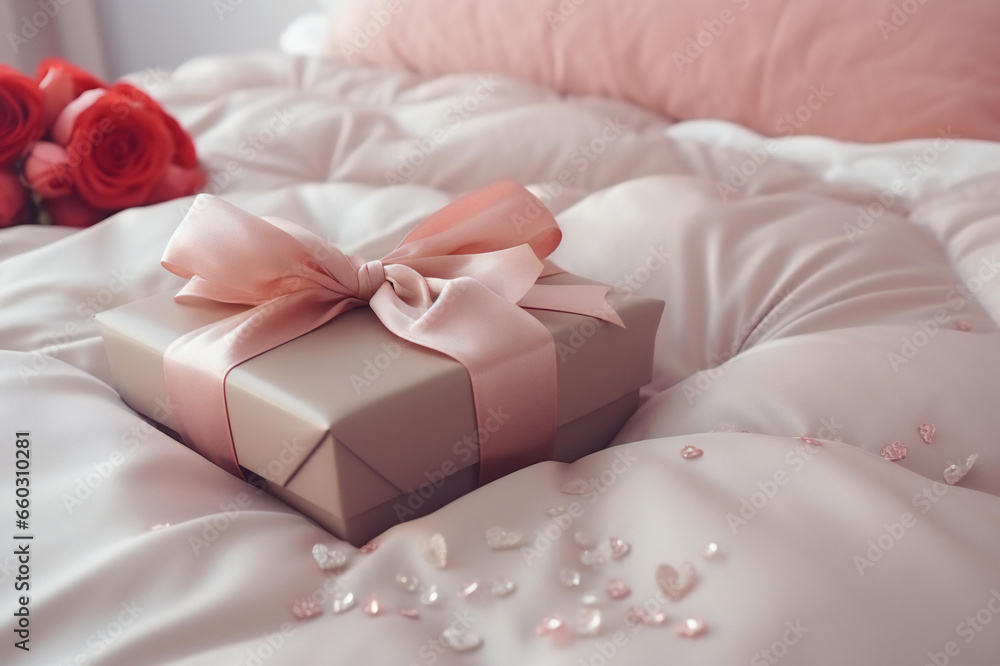 The gift box is packed and decorated with a bow on the bed. Valentine's Day gift. The gift box is packed and decorated with a bow on the bed. Valentine's Day gift.