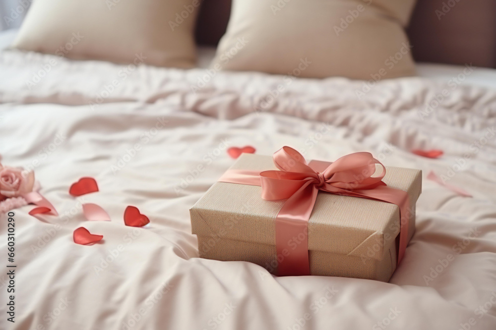 The gift box is packed and decorated with a bow on the bed. Valentine's Day gift. The gift box is packed and decorated with a bow on the bed. Valentine's Day gift.