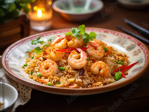 Delicious Fried Rice with Fried Prawns in a Bowl, Asian Cuisine, Close-Up