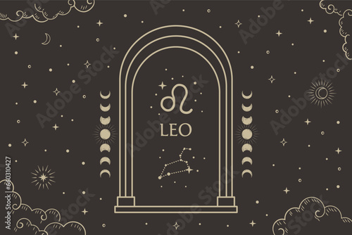 Leo zodiac sign, Constellation illustration with dark night sky.