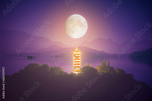 Sun Moon Lake Ci En Pagoda and Meditation of the Moon. Computer composite image. The mountain and lake scenery of Sun Moon Lake in the morning. Nantou, Taiwan