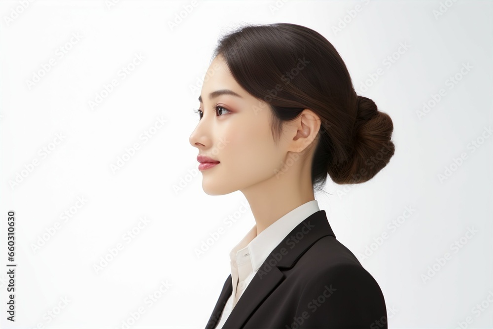 横顔の日本人の女性ビジネスマンのポートレート写真(白背景・サラリーマン・スーツ・若手・新人・新入社員) 横顔の日本人の女性ビジネスマンのポートレート写真(白背景・サラリーマン・スーツ・若手・新人・新入社員)