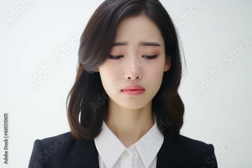憂鬱な日本人の女性ビジネスマンのポートレート写真（白背景・サラリーマン・スーツ・若手・新人・新入社員）