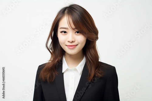 正面の日本人の女性ビジネスマンのポートレート写真（白背景・サラリーマン・スーツ・若手・新人・新入社員）