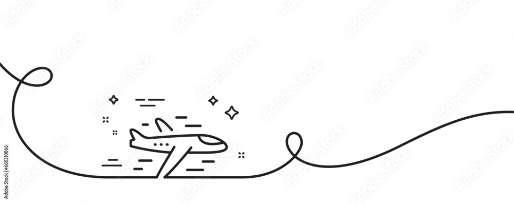 Airplane line icon. Continuous one line with curl. Plane flight transport sign. Aircraft symbol. Airplane single outline ribbon. Loop curve pattern. Vector