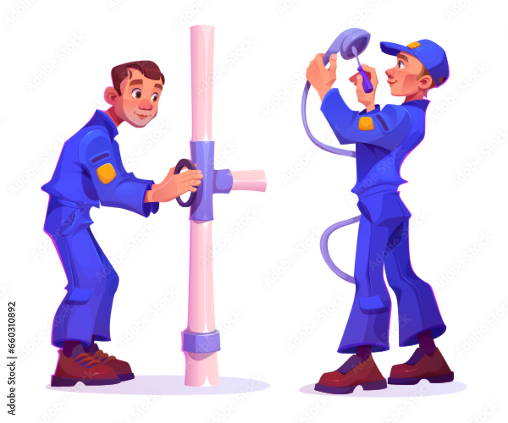 Set of male plumber characters isolated on white background. Vector cartoon illustration of man closing valve on pipe, plumbing worker repairing shower faucet with screwdriver, maintenance services Set of male plumber characters isolated on white background. Vector cartoon illustration of man closing valve on pipe, plumbing worker repairing shower faucet with screwdriver, maintenance services