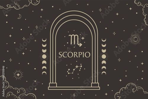 Scorpio zodiac sign, Constellation illustration with dark night sky.