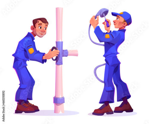 Set of male plumber characters isolated on white background. Vector cartoon illustration of man closing valve on pipe, plumbing worker repairing shower faucet with screwdriver, maintenance services