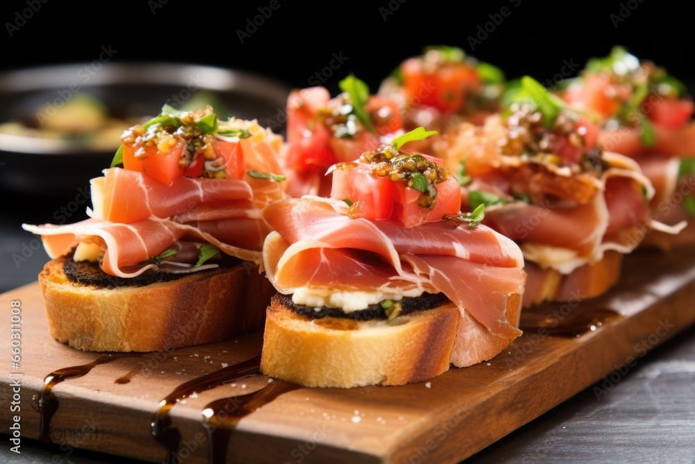 prosciutto bruschetta stacked on a metallic tray prosciutto bruschetta stacked on a metallic tray