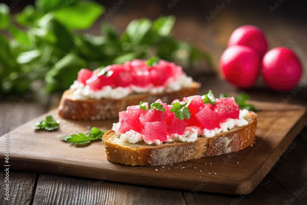 red radish bruschetta on a rustic wooden table