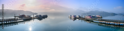 Early morning lake and mountain views. The clouds and mist are changing. The mountain and lake scenery of Sun Moon Lake in the morning. Nantou, Taiwan © twabian