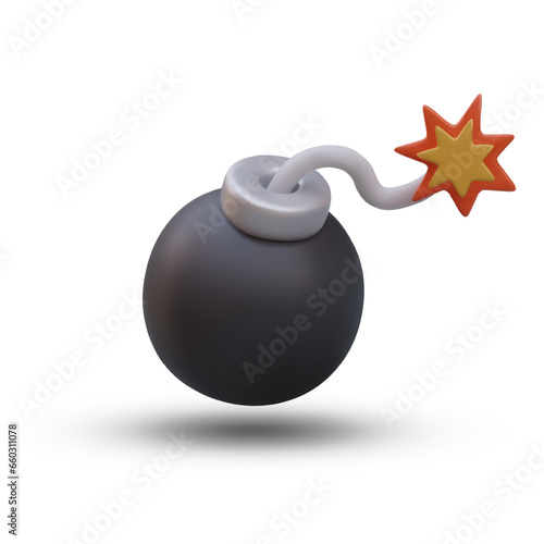 Model of realistic bomb with burning fuse on white background. Explosive weapons concept. Item for online computer game in 3d style. Vector illustration