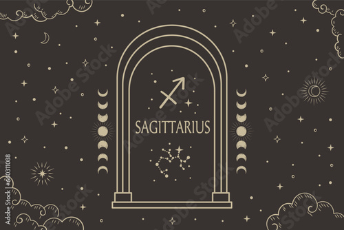 Sagittarius zodiac sign, Constellation illustration with dark night sky.