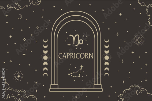 Capricorn zodiac sign, Constellation illustration with dark night sky.