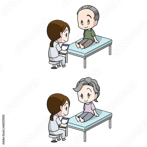 足の検査をする高齢の男女のイラスト