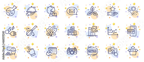 Outline set of Send box, Fair trade and Laureate medal line icons for web app. Include Diagram chart, Electricity plug, Fast delivery pictogram icons. Fastpass, Messenger, Chemistry lab signs. Vector