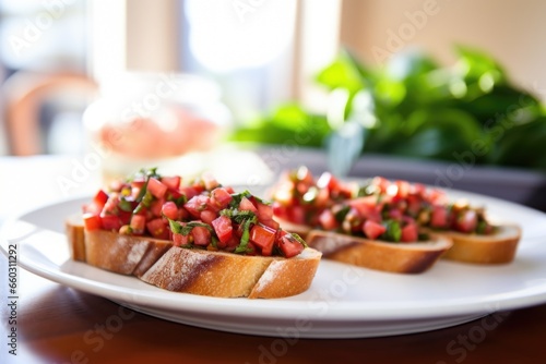 unfocused image of bruschetta on a white plate, sharpened loaf of bread in the foreground