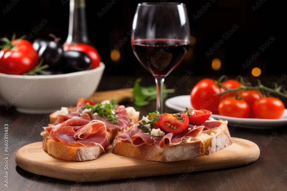 serrano ham bruschetta served with a glass of red wine serrano ham bruschetta served with a glass of red wine