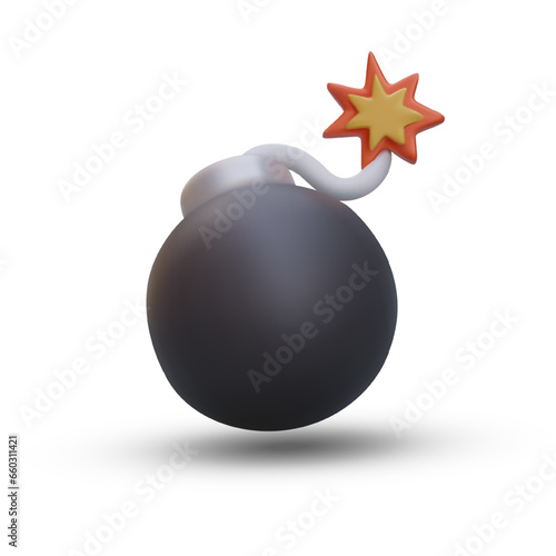 Cartoon bomb in 3d realistic style ready to explode. Burning fuse black bomb on white background. Elements of explosive weapons for computer game. Vector illustration