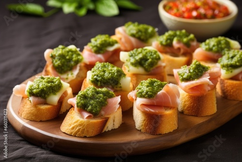 mini bruschettas with serrano ham and green pesto