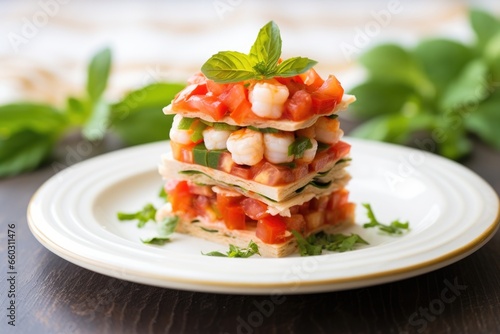 multi-layered shrimp bruschetta stacked on a square plate