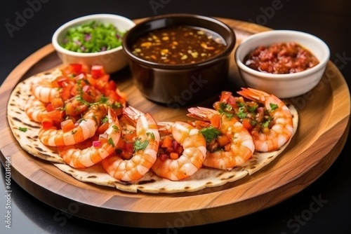 bruschetta with shrimps and variety of sauces on a round dish