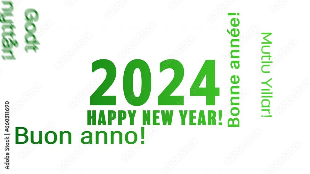 Video animation of a word cloud with the message happy new year in green over white background and in different languages - represents the new year 2024. Video animation of a word cloud with the message happy new year in green over white background and in different languages - represents the new year 2024.
