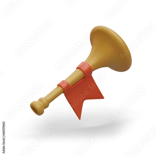 Yellow realistic king bugle with red flag. Trumpeters musical instrument for notifying military about start and end of hostilities. Vector game illustration