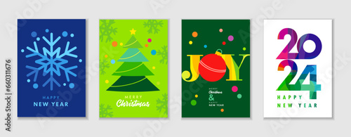 Merry Christmas and Happy New Year 2024 colored greeting cards set. Vector illustration concepts for background with creative snowflake, xmas tree, JOY lettering and 2024 number