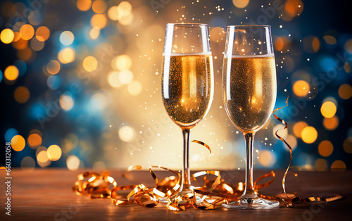 Champagne glasses with christmas decorations background. 