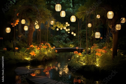 Garden illuminated by lamps. Generative AI