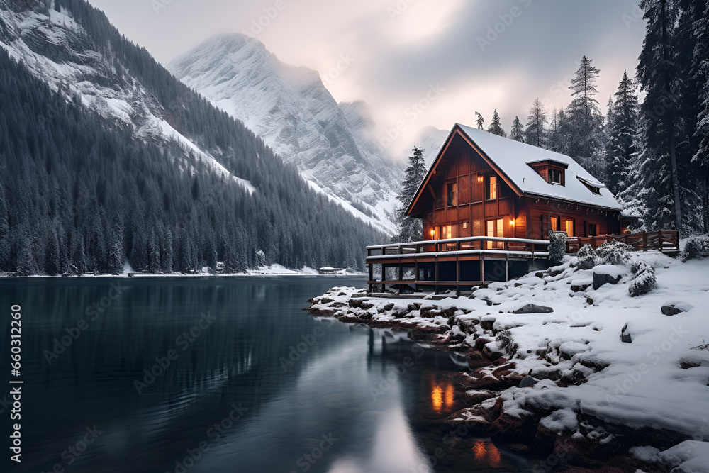 Picturesque landscape with small wooden log cabin or cottage in winter mountains. Snowy hills with blue sky on the background