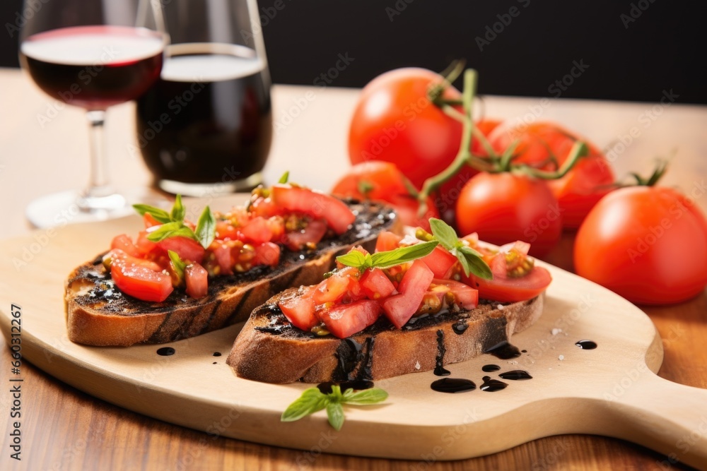 bruschetta with truffle oil next to sliced tomatoes bruschetta with truffle oil next to sliced tomatoes
