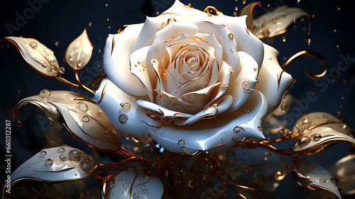 white rose, 3d, wet, shiny, fantasy, intricate, elegant, 8k, highly detailed, digital painting, concept art, smooth, sharp focus, steampunk