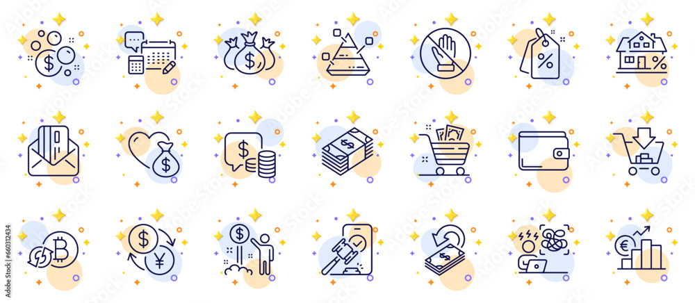 Outline set of Difficult stress, Donation and Shopping line icons for web app. Include Launder money, Mortgage, Discount tags pictogram icons. Income money, Auction, Cashback signs. Vector Outline set of Difficult stress, Donation and Shopping line icons for web app. Include Launder money, Mortgage, Discount tags pictogram icons. Income money, Auction, Cashback signs. Vector