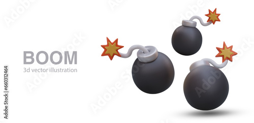 Collection of burning fuse black bomb in different positions. Poster with elements of explosive weapons. 3d game concept. Vector illustration with place for text