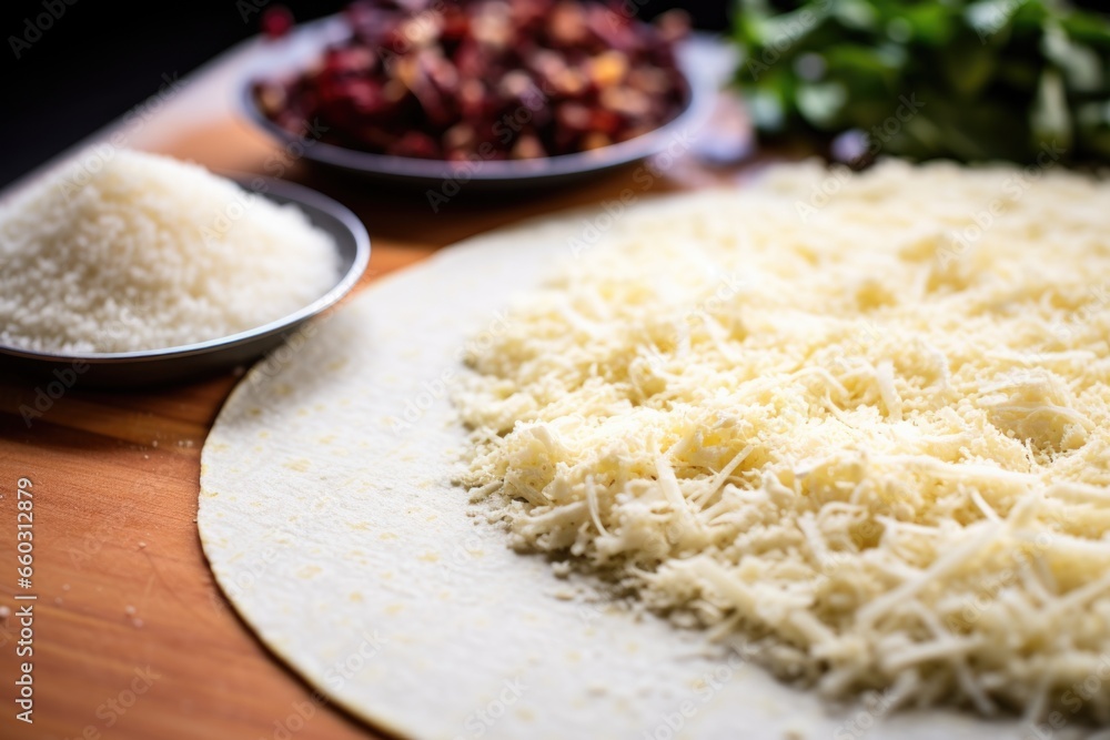 grated cauliflower next to rolled out pizza crust grated cauliflower next to rolled out pizza crust