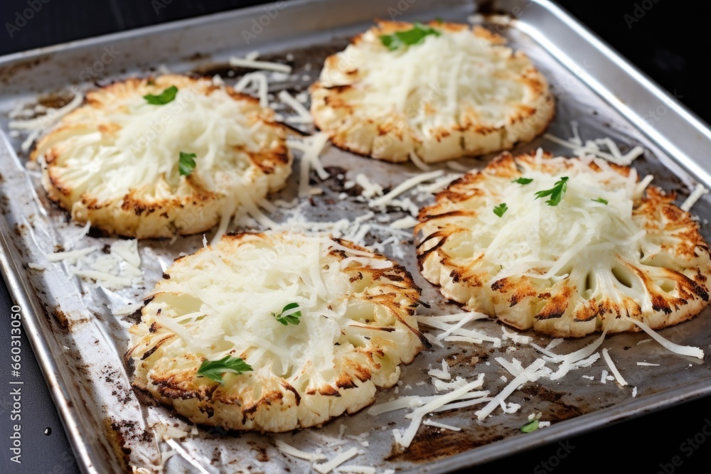 cauliflower steaks on an aluminum foil lined baking sheet