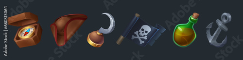 Pirate game ui design elements isolated on background. Vector cartoon illustration of vintage compass for navigation, hat, arm hook, black flag with jolly roger sign, corked rum bottle, ship anchor