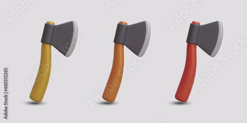 Set of 3D axes with handles of different colors. Premium icons with shadows. Colored tools with sharp blade. Equipment for woodwork. Vector web elements