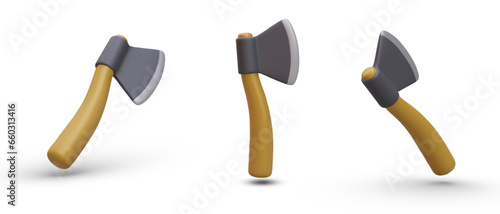 Set of axe in different position. Poster with 3d element for computer games. Steel arms concept. Vector illustration in yellow and gray colors in 3d style