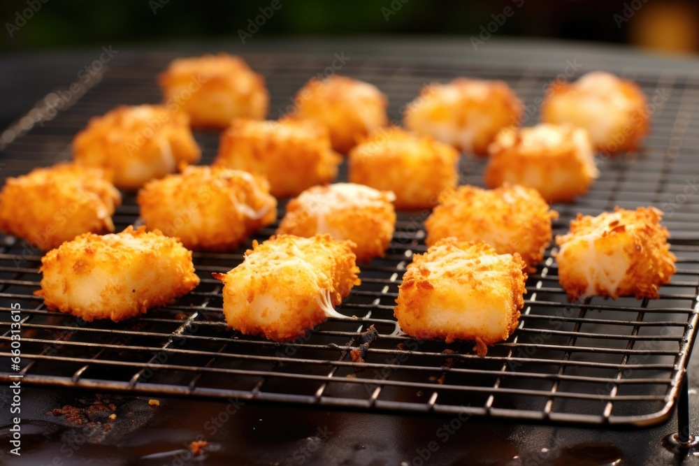chicken nuggets arranged on a grill rack
