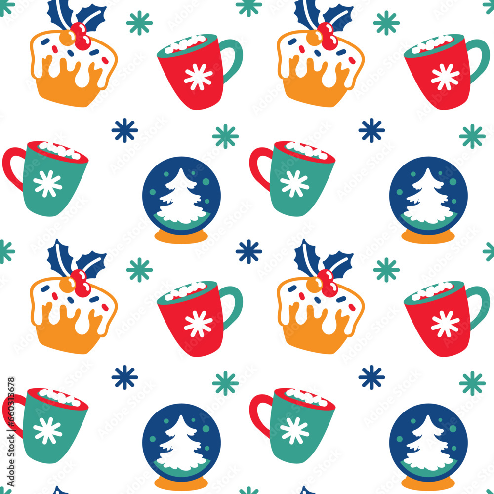 Cute Christmas cups with cocoa and marshmallows. Seamless pattern. Vector.