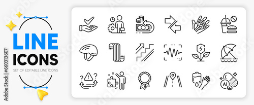 Synchronize, Scarf and Veins line icons set for app include Dermatologically tested, Aluminium mineral, Eco power outline thin icon. Fast food, Blood, Strategy pictogram icon. Employee. Vector