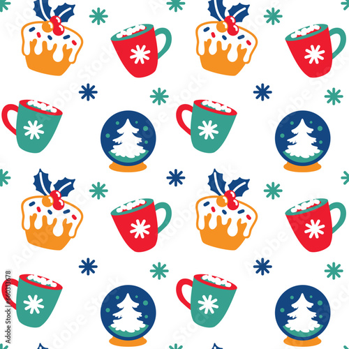 Cute Christmas cups with cocoa and marshmallows. Seamless pattern. Vector.