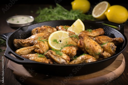 lemon and herb flavored chicken wings on a skillet