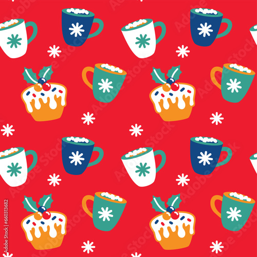 Cute Christmas cups with cocoa and marshmallows. Seamless pattern. Vector.