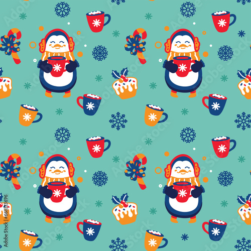 Cute penguin drinks hot cocoa with marshmallows. Christmas children's print. Seamless print. Vector.