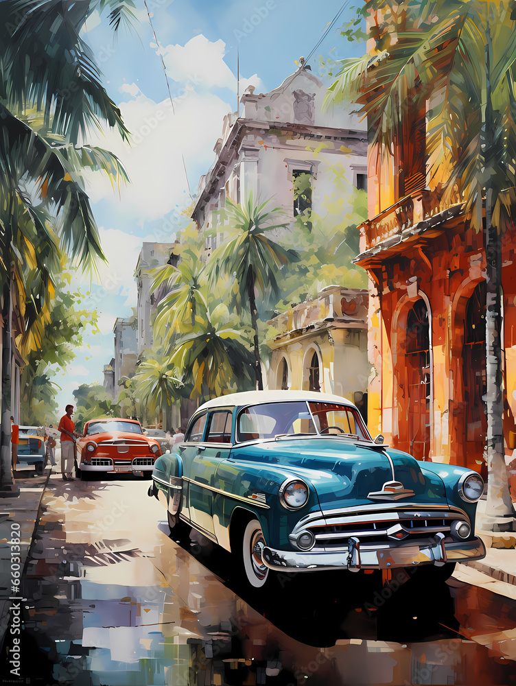 Obraz premium illustration de voitures de couleurs en ville à Cuba